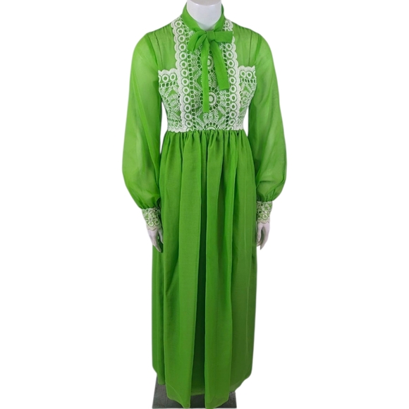 Vintage Dresses & Skirts - Vintage 70s Crochet Trimmed Maxi Peasant Dress Green Chiffon Overlay Womens S
